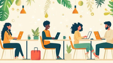 Modern Co-Working Space with Diverse Group of People Working on Laptops