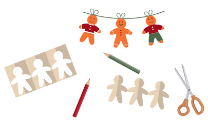 Handmade Christmas Design isolated on white background. Festive homemade gingerbread man garland. Sustainability concept