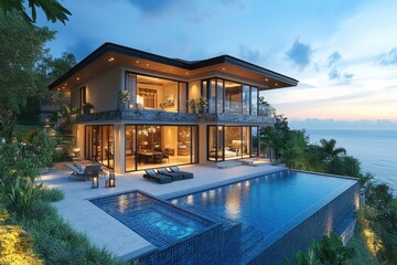 Luxurious villa overlooking the ocean at sunset with infinity pool
