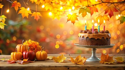Colorful birthday cake with autumn leaves.