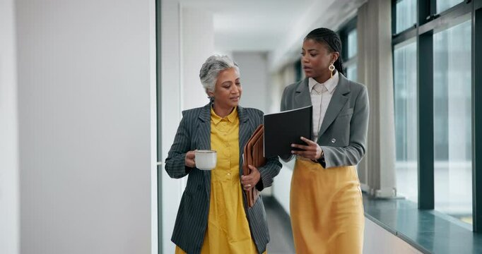 Notebook, advice and manager with businesswoman walking in office for feedback or approval on budget. Discussion, research and mature mentor with female financial analyst reading equity report.