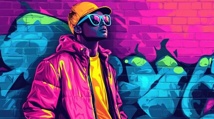 Colorful Street Art Backdrop with Stylish Young Man in Bright Fashion and Sunglasses