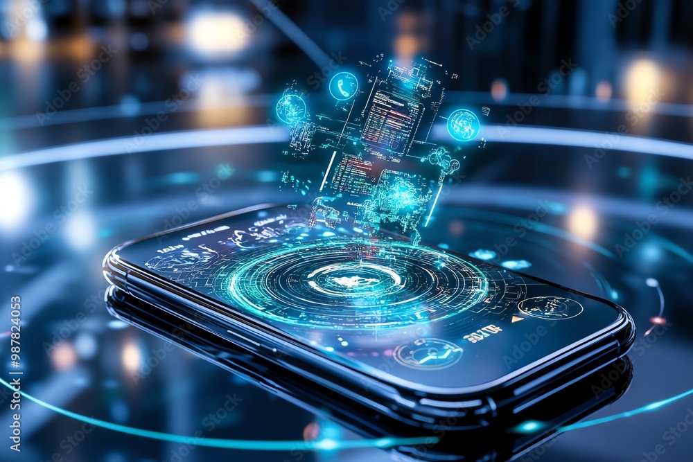 Poster a smartphone displaying a futuristic interface, with augmented reality (ar) graphics popping up arou
