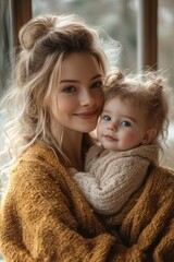 Young mother holding her baby daughter smiling by the window