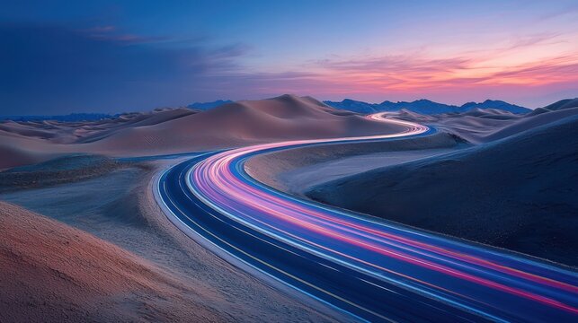 Desert Highway with Light Trails at Sunset