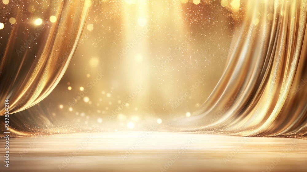 Poster a shimmering stage with golden curtains and soft lighting, creating a magical atmosphere.