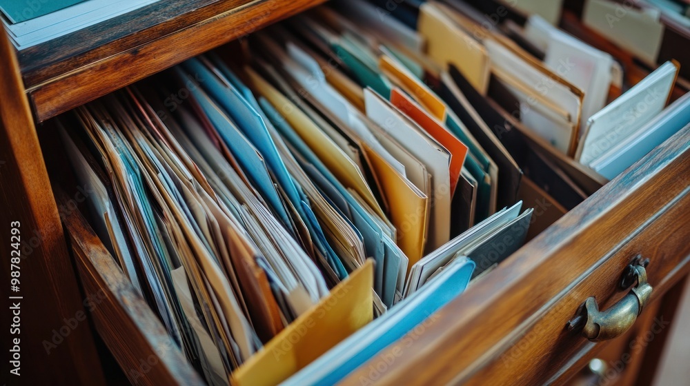 Poster a cluttered wooden drawer filled with various files and folders for organization.