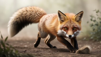 Fototapeta premium This stunning photograph captures the exhilarating moment of a wild fox pouncing on hidden prey, showcasing its remarkable agility and focus. The fox is caught mid-air, with its body arched and eyes i