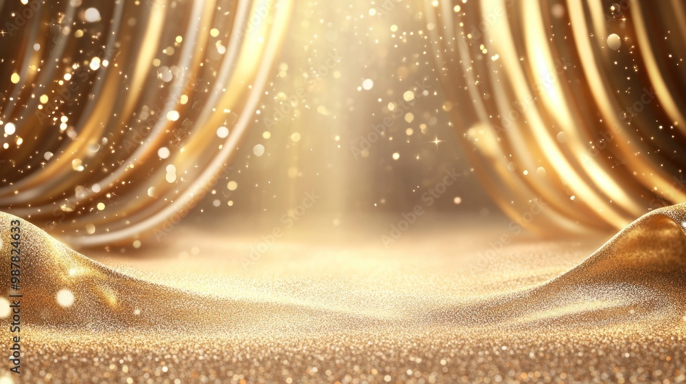 Poster a shimmering golden backdrop with sparkling particles and flowing fabric, ideal for events.