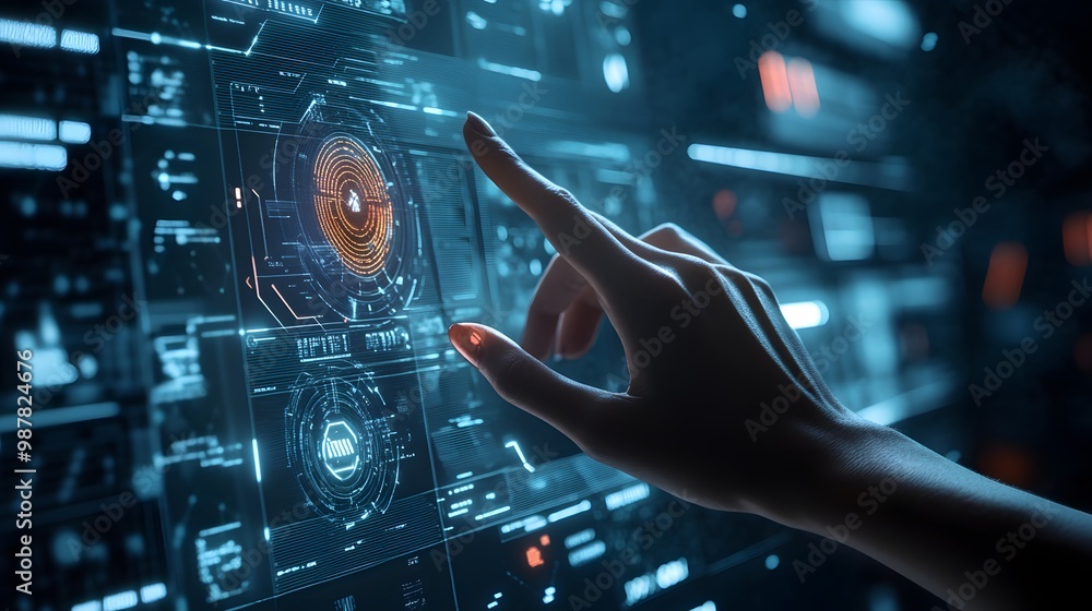 Poster a hand interacting with a digital interface displaying data and graphics.