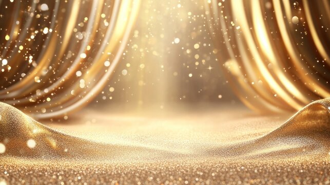 A shimmering golden backdrop with sparkling particles and flowing fabric, ideal for events.