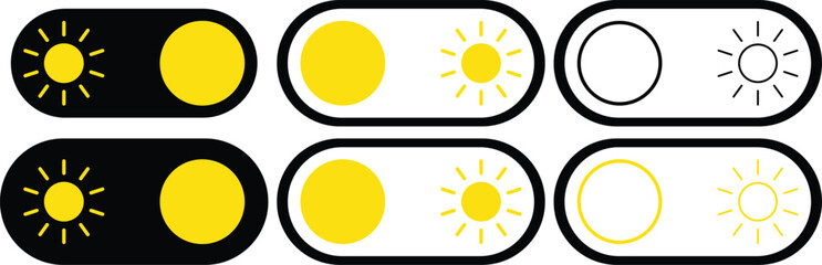 Day and night toggle switch icons set. Collection of on off. Sun and Moon icons for dark light mood. Dark mode and light mode switch button for website and mobile app. day night modes switch isolated.