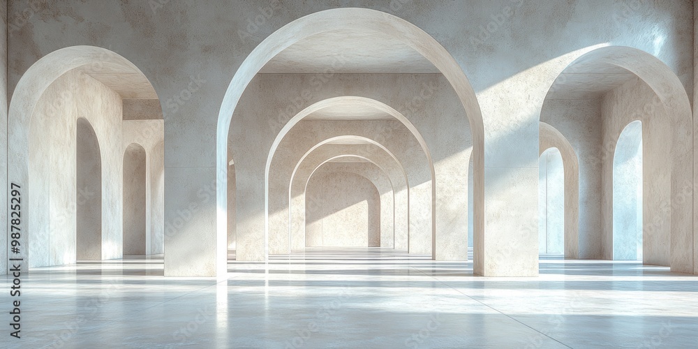 Poster classical architecture interior with columns forming a hallway leading to the light