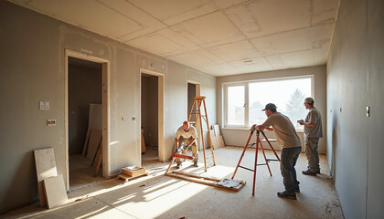 Construction site view with workers installing plasterboard, showcasing progress in apartment renovation.






