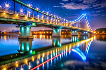 Obraz premium A bridge with lights on it is reflected in the water. The lights on the bridge are bright and colorful, creating a beautiful and serene atmosphere