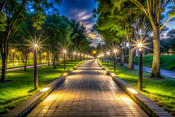 Obraz premium A pathway with lights shining on it and trees in the background. The lights are on and the trees are illuminated, creating a warm and inviting atmosphere. The pathway is lined with brick pavers