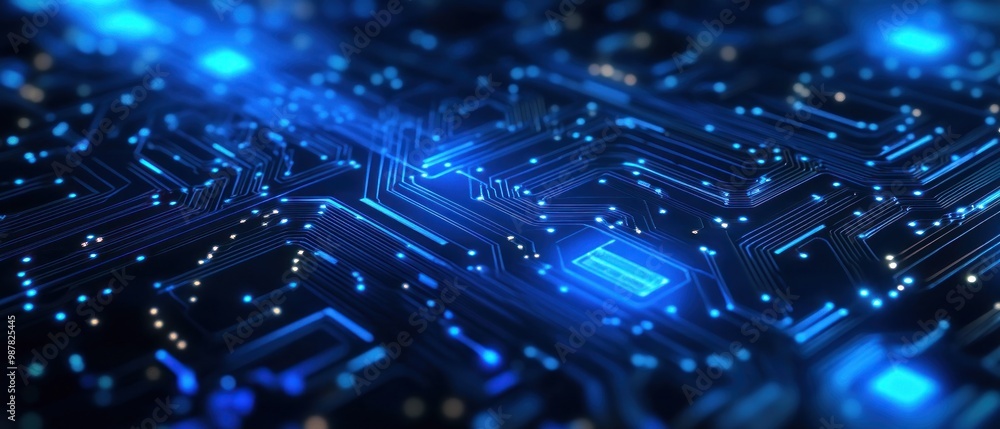 Poster a close-up of a futuristic circuit board with glowing blue elements and intricate pathways.