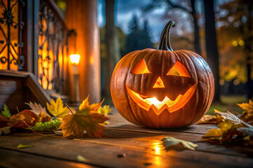 A pumpkin with a smiley face on it is lit up and placed on a wooden deck. The scene is set in a forest, with leaves scattered around the pumpkin. Scene is warm and inviting