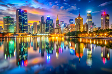 Obraz premium A city skyline is reflected in a body of water. The city is lit up at night, creating a beautiful and serene atmosphere