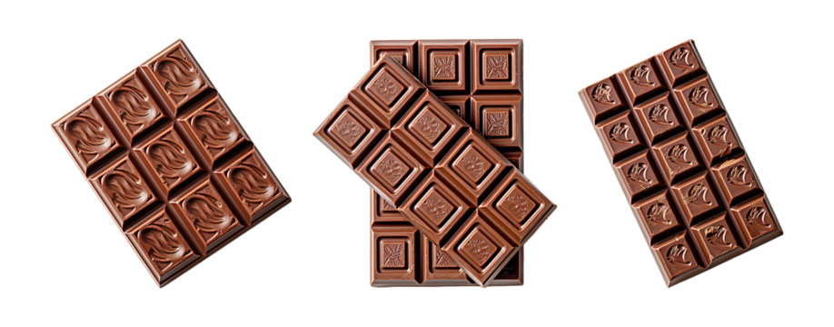 Chocolate bars arranged in different positions showcasing unique embossed patterns and tempting textures