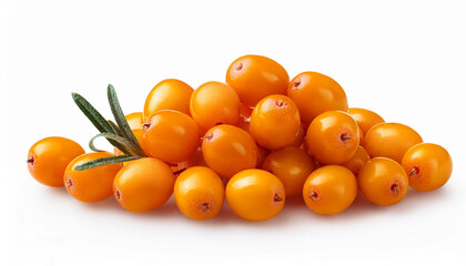 Fresh sea buckthorn berries in mid-air, emphasizing their vibrant orange color and texture against a white background.