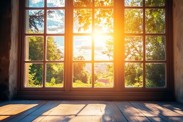 Warm Sunset Light Shining Through Window With Wooden Frame and Floor