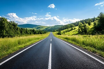 Fototapeta premium Empty asphalt road leading through grassy fields to mountains under a blue sky with white clouds