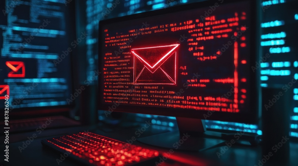 Poster a computer screen displaying a red envelope icon with code, symbolizing email and cybersecurity.