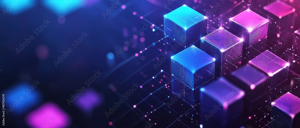 Poster abstract digital cubes with vibrant colors and glowing effects, representing technology and data.