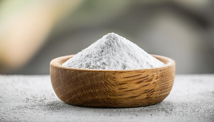 White zinc oxide powder in small wooden bowl. Healthcare and medical supplement product.