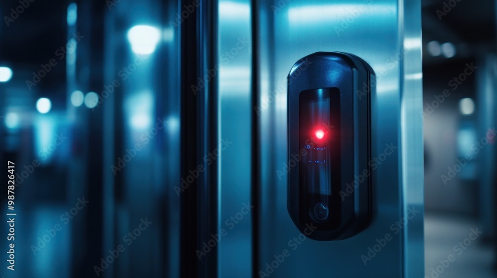 Poster Close-up of a sleek access control panel with a red indicator light in a modern setting.