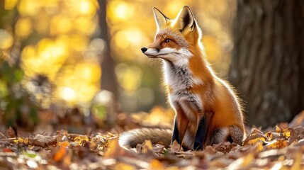 A red fox sits gracefully among autumn leaves in a serene forest setting.
