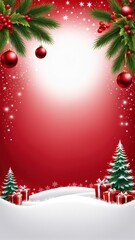 A festive holiday background featuring red and green colors, snow, and Christmas decorations.