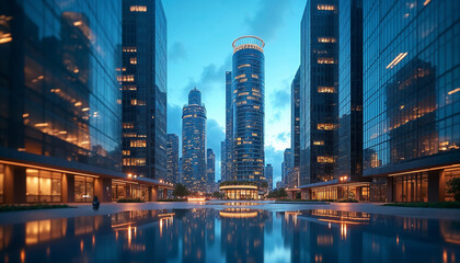 Futuristic skyscrapers and dynamic urban scene reflect modern, bustling city life.