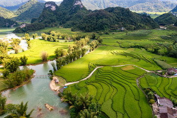 Aerial landscape in Quay Son river, Trung Khanh, Cao Bang, Vietnam with nature, green rice fields...