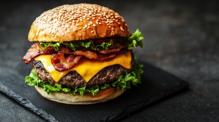 A delicious cheeseburger with bacon, lettuce, and sesame seed bun, presented on a dark surface.