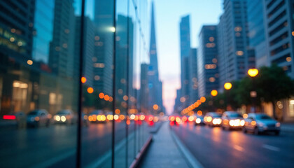 Futuristic skyscrapers and dynamic urban scene reflect modern, bustling city life.