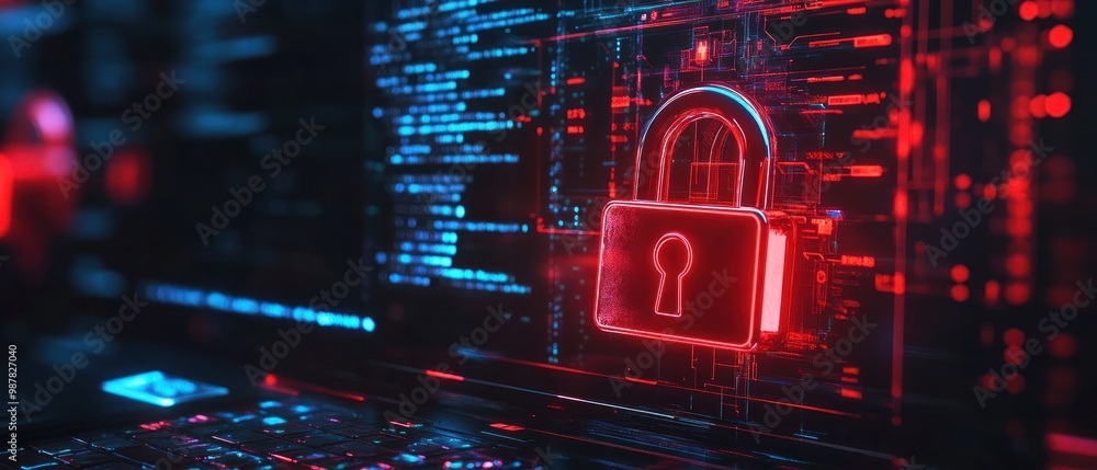 Poster digital lock symbol on a futuristic background representing cybersecurity and data protection.