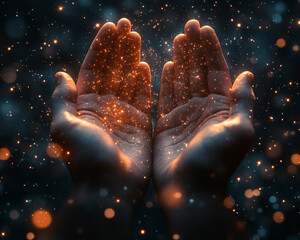 glowing hands with golden dust - magic, hope, and dreams - abstract background