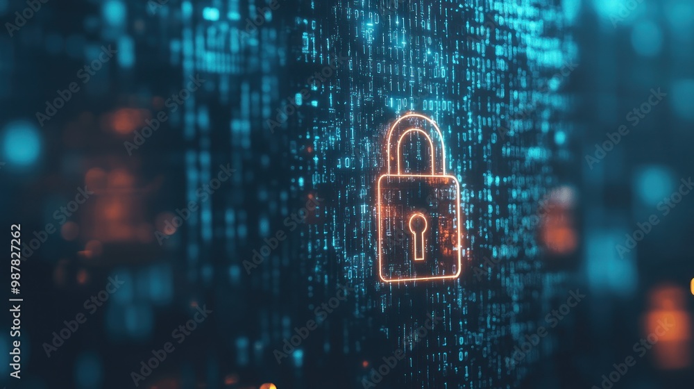 Poster digital padlock symbolizing cybersecurity and data protection in a tech environment.