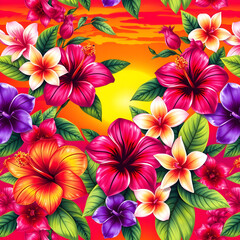 Seamless pattern with hibiscus flowers. Vector illustration.