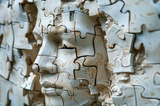Human face made of puzzle pieces representing mental health, psychology and the complexity of human mind