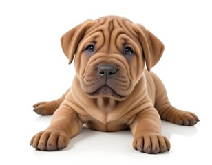 Obraz premium A young Shar Pei puppy with wrinkly skin and a cute expression, lying on a white background