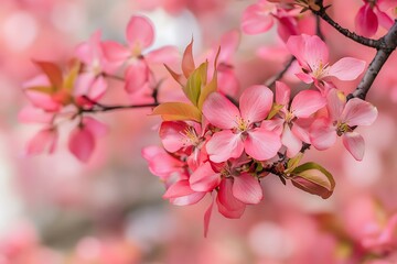 Closeup of Pink Blooming Flowers on Branch
