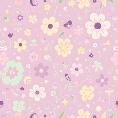 Seamless pattern with flowers and butterflies. Hand drawn