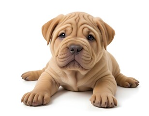 Obraz premium A young Shar Pei puppy with wrinkly skin and a cute expression, lying on a white background