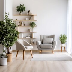 Minimalist Living Room Interior with Armchairs and Plants