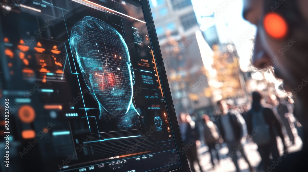 Poster a futuristic interface displaying a digital face recognition system in an urban setting.