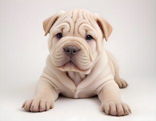 A young Shar Pei puppy with wrinkly skin and a cute expression, lying on a white background