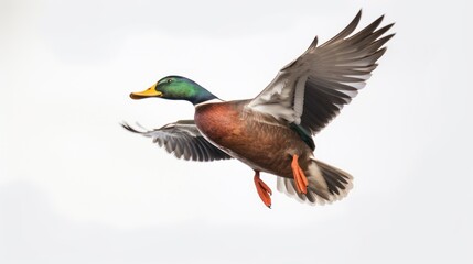 Obraz premium Mallard Duck In Flight Against A White Sky